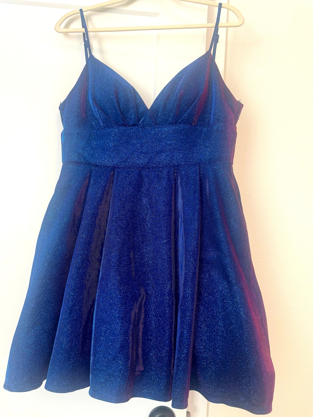 B Darlin Royal Blue Glitter Midi Dress with Spaghetti Straps